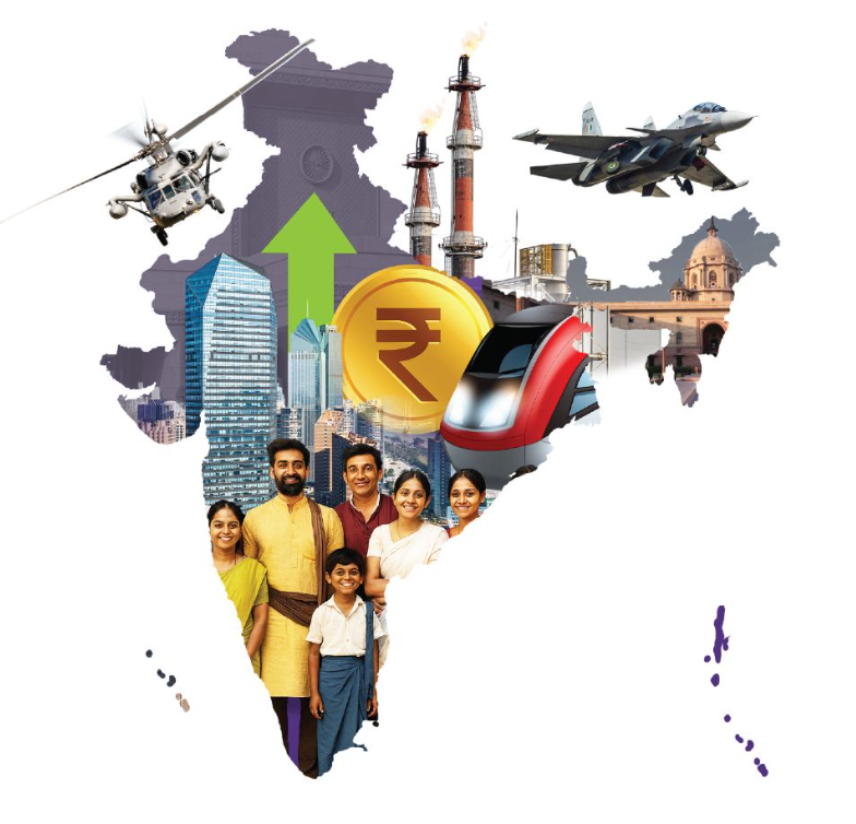 Illustrated map of India — infrastructure, economy, defence, and public services